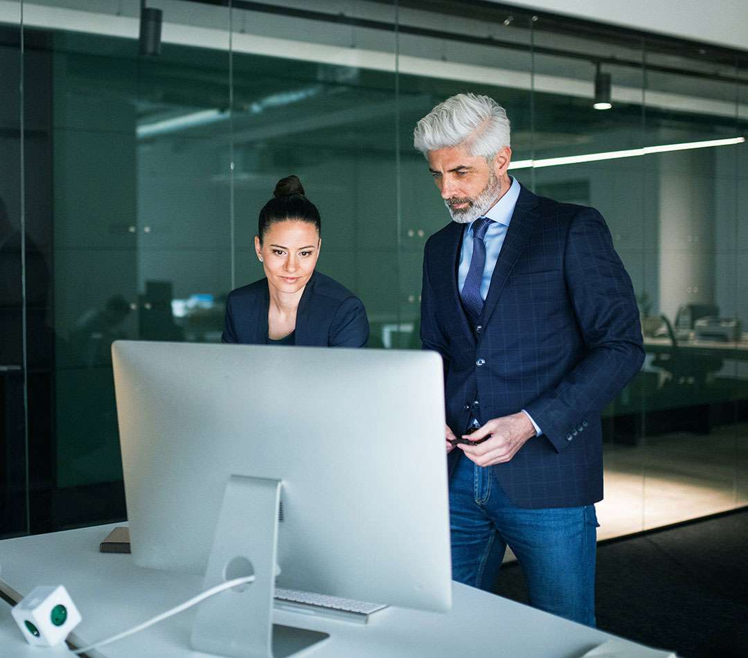 Business professionals reviewing data on a desktop computer